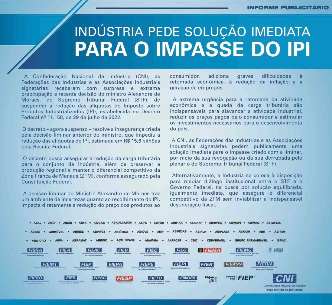 Manifesto da CNI com críticas à decisão de Moraes sobre IPI / Divulgação