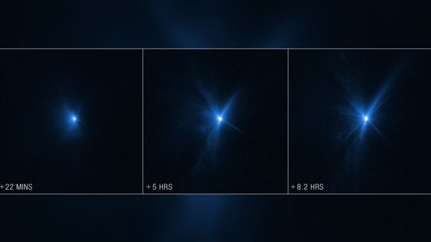 Essas imagens do Telescópio Espacial Hubble mostram plumas em expansão de material saindo de Dimorphos. • NASA/ESA/CSA