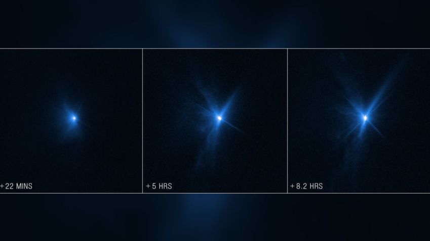Essas imagens do Telescópio Espacial Hubble mostram plumas em expansão de material saindo de Dimorphos. • NASA/ESA/CSA