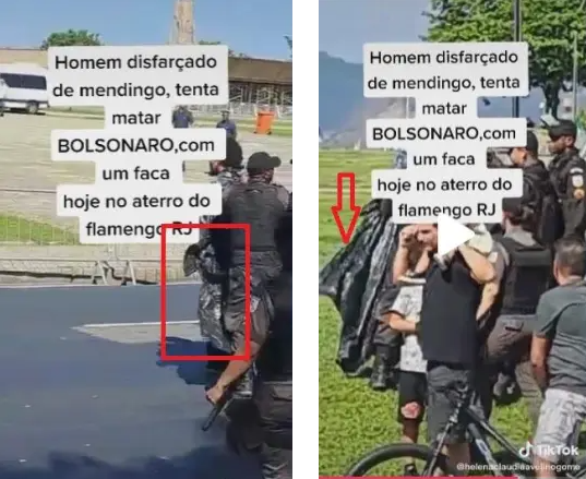 | Prints do vídeo do TikTok mostrando o material plástico preto, que parece ser um saco de lixo, colado ao corpo do homem que está sendo levado pela polícia. / Projeto Comprova