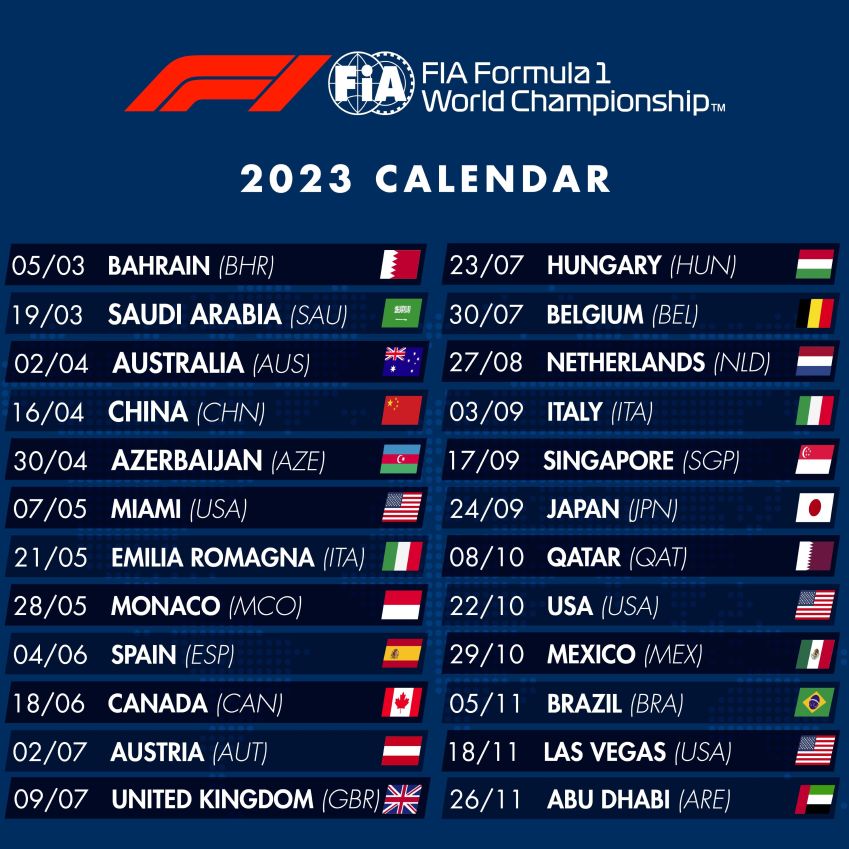 Calendário de 2023 da Fórmula 1 / Reprodução/Twitter/FIA