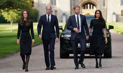 The Prince and Princess of Wales Accompanied By The Duke And Duchess Of Sussex Greet Wellwishers Outside Windsor Castle
