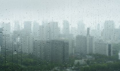 City view with greenery spreading on a rainy day