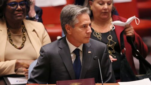 O secretário de Estado Antony J. Blinken ouve o secretário-geral das Nações Unidas António Guterres fala durante o Conselho de Segurança das Nações Unidas na sede das Nações Unidas para discutir o conflito na Ucrânia em 22 de setembro de 2022 Na cidade de Nova York
