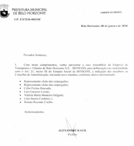 Documento de 2020 da prefeitura de Belo Horizonte que confirma a indicação de Kalil / Prefeitura de Belo Horizonte