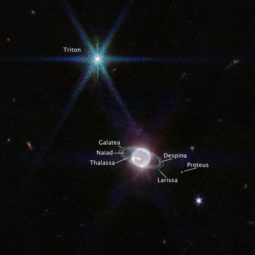 Webb capturou sete das 14 luas conhecidas de Netuno: Galatea, Naiad, Thalassa, Despina, Proteus, Larissa e Triton. A grande e incomum lua de Netuno, Tritão. / NASA, ESA, CSA, STScI