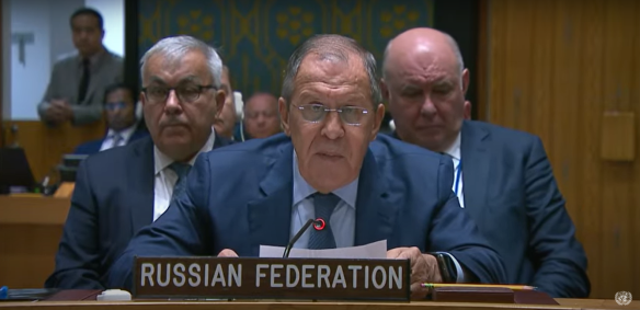 Ministro das Relações Exteriores da Rússia, Sergey Lavrov, durante seu discurso no Conselho de Segurança da ONU