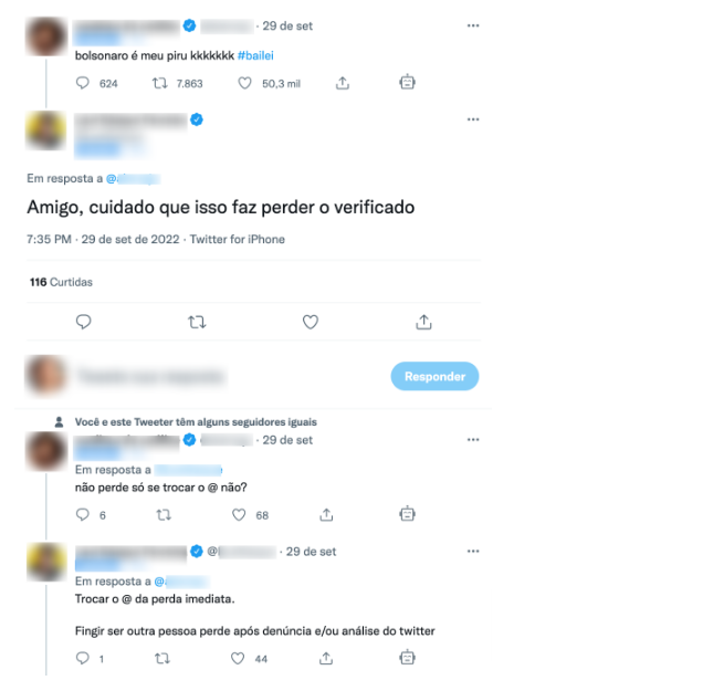 | Alerta feito por outro perfil com selo de verificação sobre o risco de perda de conta devido à prática. / Projeto Comprova