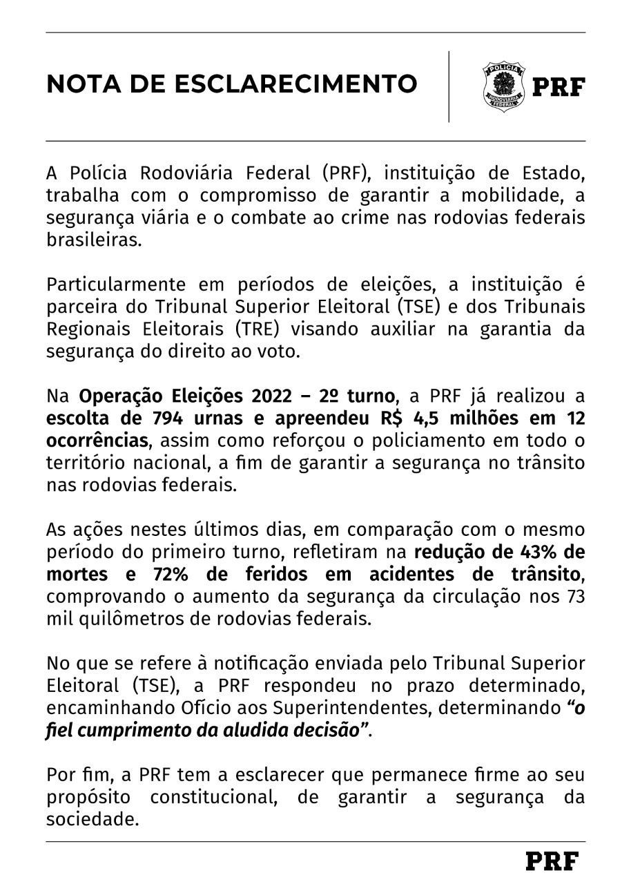 Nota da PRF / Divulgação/PRF