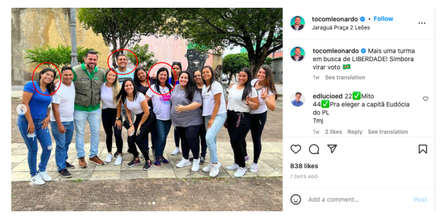 | Reprodução de postagem do vereador Leonardo Dias no Instagram em que aparecem as mesmas pessoas do vídeo investigado.