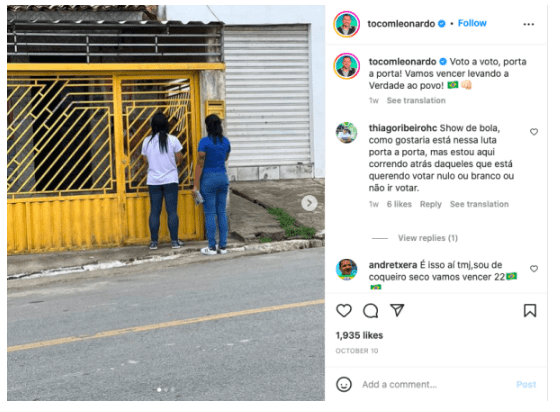 | Reprodução de postagem no perfil do Instagram do vereador Leonardo Dias.