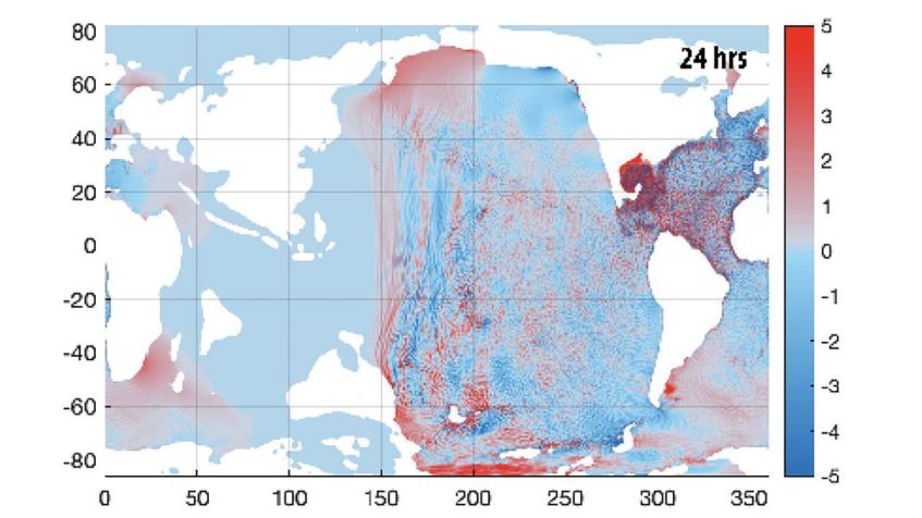 Este gráfico mostra o movimento da altura da superfície do mar do tsunami 24 horas após o impacto. / De Range
