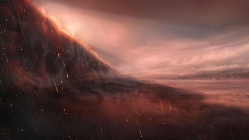 Esta ilustração mostra uma visão noturna do exoplaneta WASP-76b, onde chove ferro líquido do céu/ M. Kornmesser/European Southern Observatory