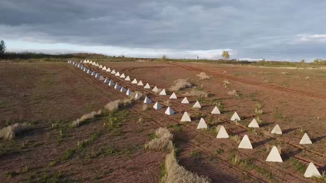 Uma imagem, tirada pelo tabloide russo RIA/FAN, mostra duas fileiras de pirâmides antitanque no campo nos arredores de Hirske, na Ucrânia, ocupada pelos russos / RIA/FAN / Reprodução