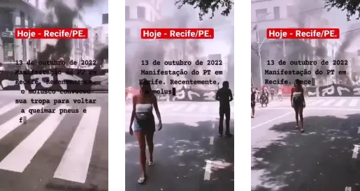 | Capturas de tela do vídeo verificado, nas quais pode-se ver a bandeira do MLRT / Projeto Comprova