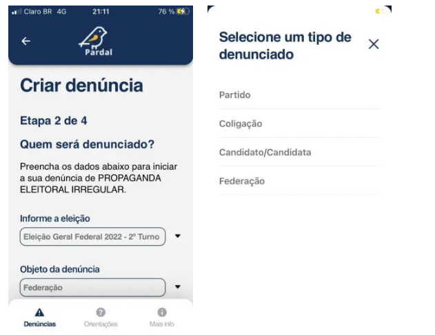 | Menu do Pardal na etapa do processo de protocolar queixa na qual o usuário nomeia o partido, coligação, candidato ou federação denunciado / Projeto Comprova