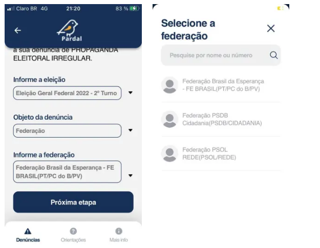 | Menu do Pardal com denúncia contra a Federação Brasil da Esperança, que representa o PT e os outros dois partidos que a integram, o PC do B e o PV / Projeto Comprova