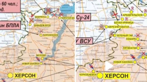 Montagem compara o território ocupado pela Rússia na região de Kherson, na Ucrânia, em 3 e 4 de outubro de 2022
