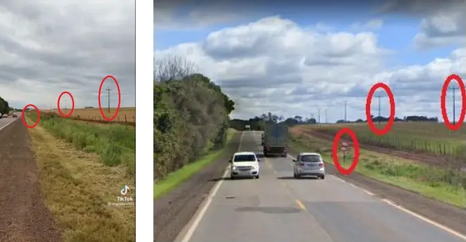 | Print do vídeo (à esquerda) e captura do Google Street View do local da gravação do vídeo (à direita). Elementos em comum são a placa de ultrapassagem proibida, postes, além de uma cerca e a arborização da via. / Projeto Comprova