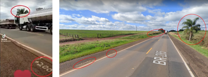 | Print do vídeo (à esquerda) e captura do Google Street View à direita. Elementos em comum são pintura “+200” na margem da pista, desníveis e emendas do asfalto, palmeira no lado direito da pista, além da inclinação do terreno no lado direito das imagens. / Projeto Comprova