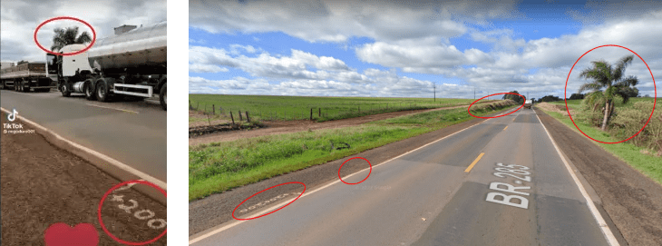 | Print do vídeo (à esquerda) e captura do Google Street View à direita. Elementos em comum são pintura “+200” na margem da pista, desníveis e emendas do asfalto, palmeira no lado direito da pista, além da inclinação do terreno no lado direito das imagens. / Projeto Comprova