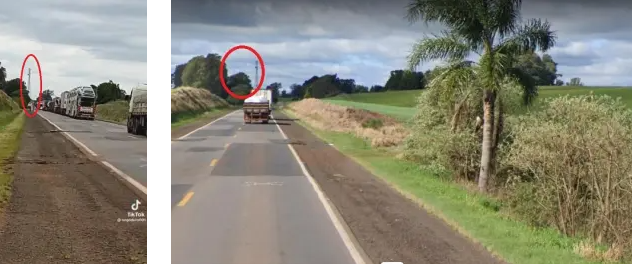 | Print do vídeo à esquerda e do Google Street View à direita. Na margem esquerda da rodovia, há uma torre que fica bem próxima ao topo de algumas árvores / Projeto Comprova