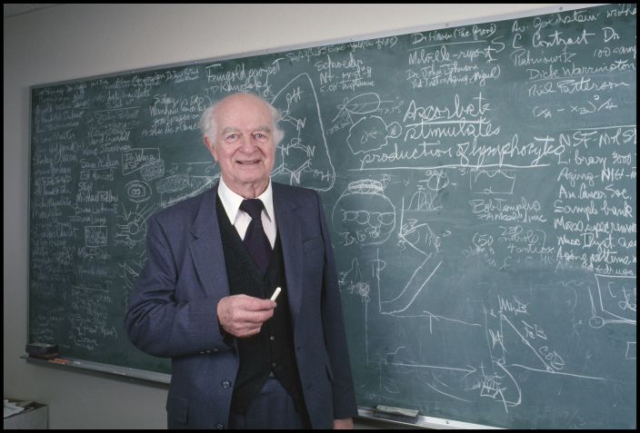 Retrato do cientista americano Linus Pauling, duas vezes ganhador do Prêmio Nobel, enquanto posa em frente a uma lousa no Instituto Linus Pauling, em Menlo Park, na Califórnia, em meados de janeiro de 1983. / Janet Fries/Getty Imagens