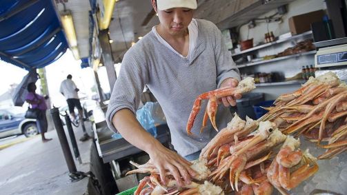 Classificação de caranguejos-de-neve do Alasca no mercado de peixes Maine Avenue do sudoeste