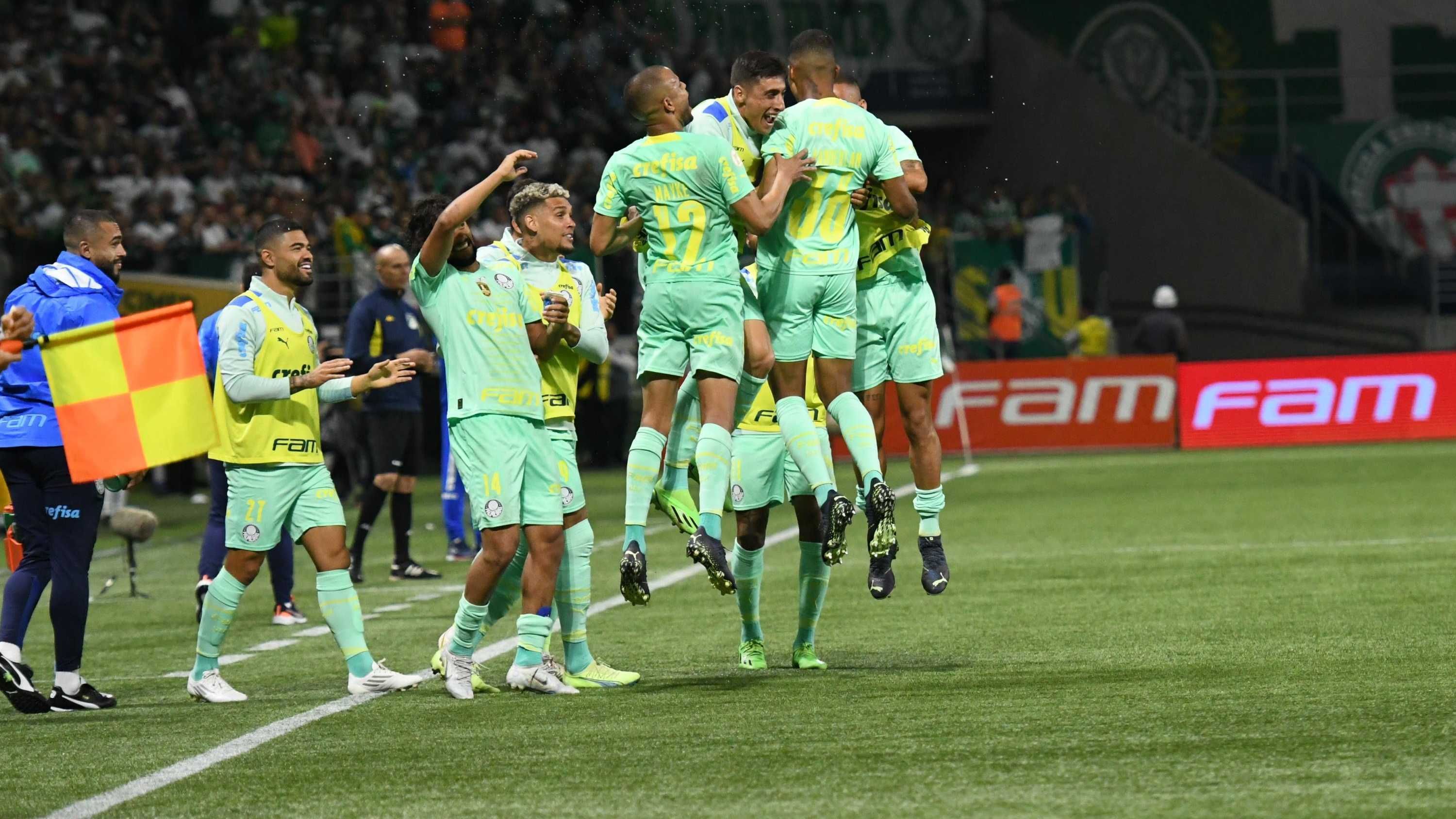 Jogadores do Palmeiras comemoram gol na vitória de 3 a 0 sobre o Avaí na Allianz Parque