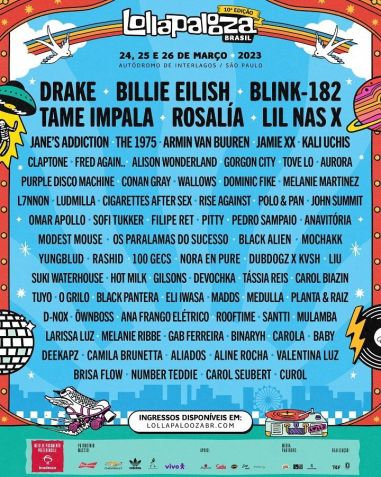 Lollapalooza anuncia line-up de 2023 com Blink-182, Billie Eilish e Drake. / Reprodução
