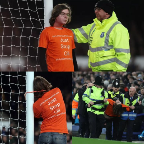 Ativista prende seu pescoço na trave de futebol durante jogo entre Everton e Newcastle, em março de 2022. Reprodução