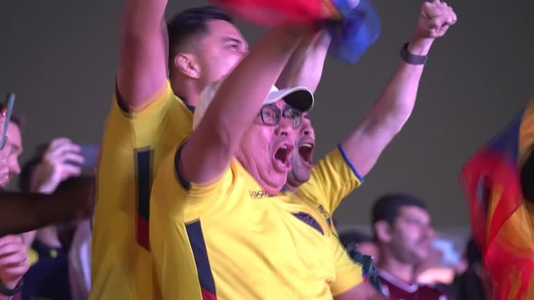 Torcedor do Equador comemora gol durante partida contra o Catar, na abertura da Copa do Mundo.