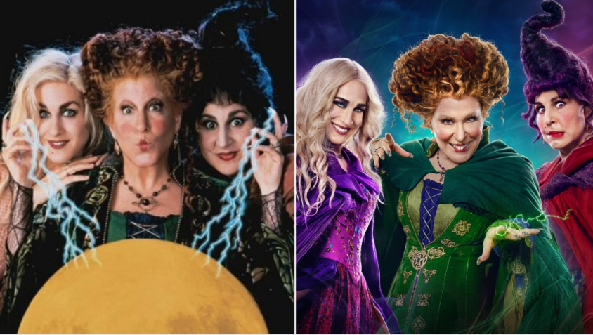 Sarah Jessica Parker, Bette Midler e Kathy Najimy, respectivamente, em "Abracadabra" (1993) e "Abracadabra 2" (2022) / Montagem CNN / Divulgação/Disney