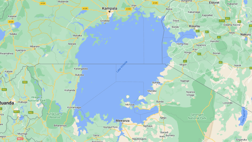Mapa com a localização do Lago Vitória e a cidade de Bukoba / Reprodução/Google Maps