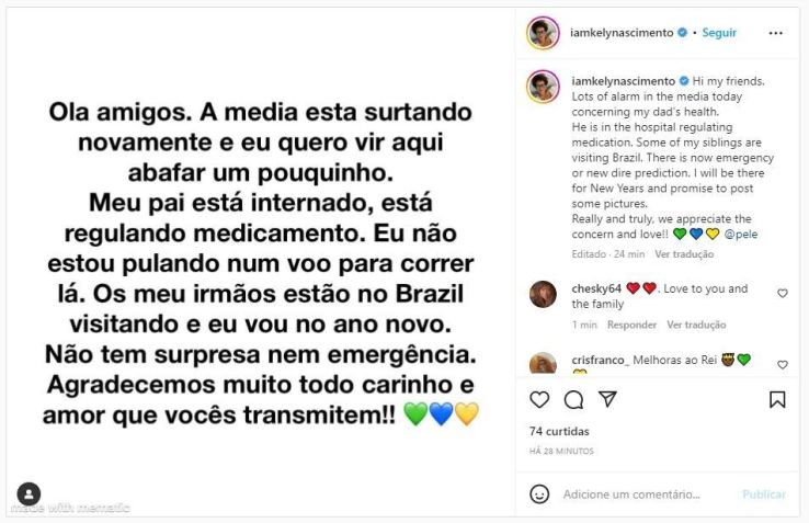 Filha de Pelé fala sobre internação / Reprodução/Instagram