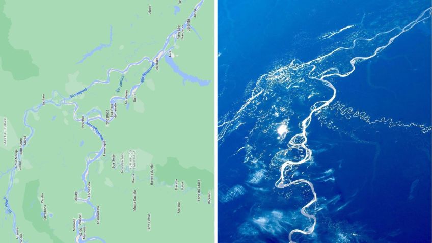 Imagem de satélite mostra encontro entre o rio Japurá e o rio Amazonas (à esquerda) e foto publicada pelo cosmonauta russo (à direita). / Reprodução/ Google Maps/ Instagram