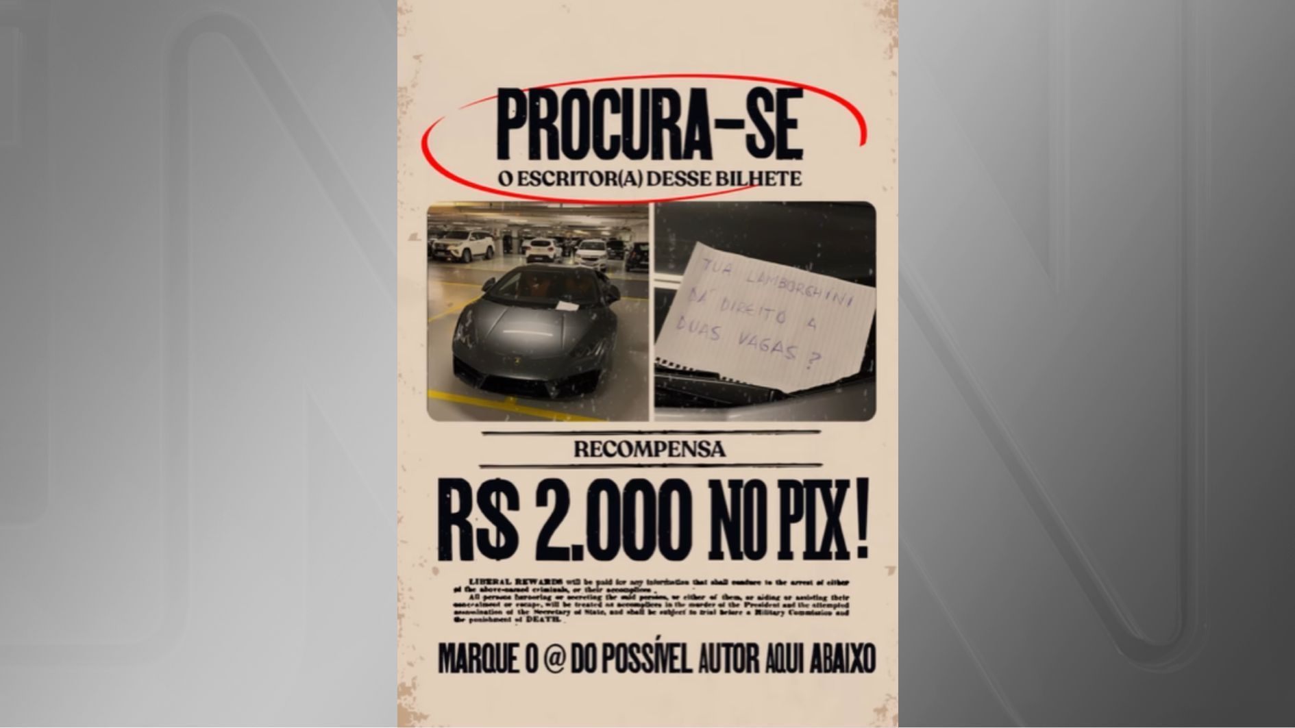 Dono de Lamborghini estacionada em duas vagas oferece recompensa para autor de mensagem