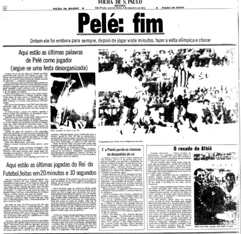 Manchete do jornal Folha de S. Paulo no dia 3 de outubro de 1974 sobre a última partida de Pelé como jogador do Santos FC. / Acervo Folha