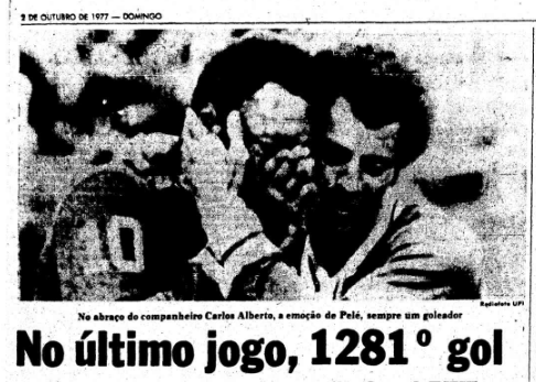 Manchete do jornal O Estado de São Paulo em 2 de outubro de 1977 sobre o último jogo de Pelé como jogador profissional de futebol. / Acervo Estadão