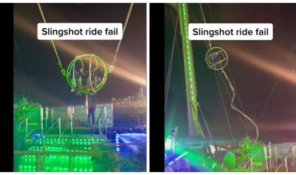 Estrutura de brinquedo fica pendurada com dois jovens dentro em parque de diversão de Londres