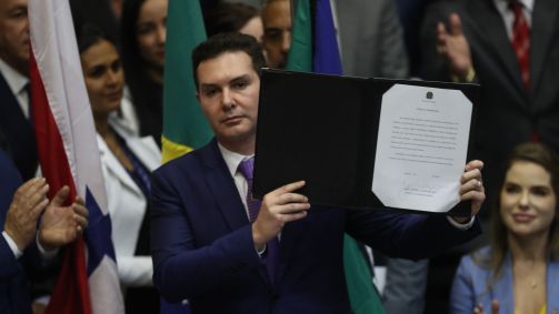 O ministro das Cidades, Jader Filho, durante cerimônia de transmissão de cargo, em Brasília