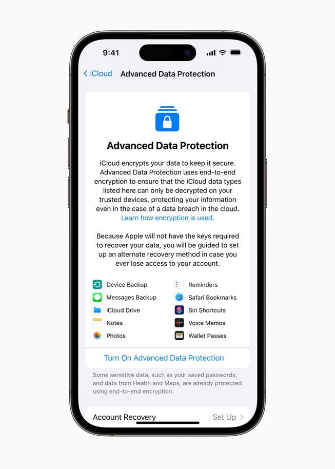 A proteção avançada de dados para iCloud usa criptografia de ponta a ponta para fornecer o mais alto nível de segurança de dados em nuvem da Apple./ Divulgação/ Apple