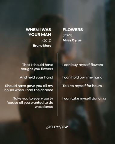 Arte feita por fã clube de Miley Cyrus comparando versos de "Flowers" com "When I Was Your Man", de Bruno Mars. / Reprodução