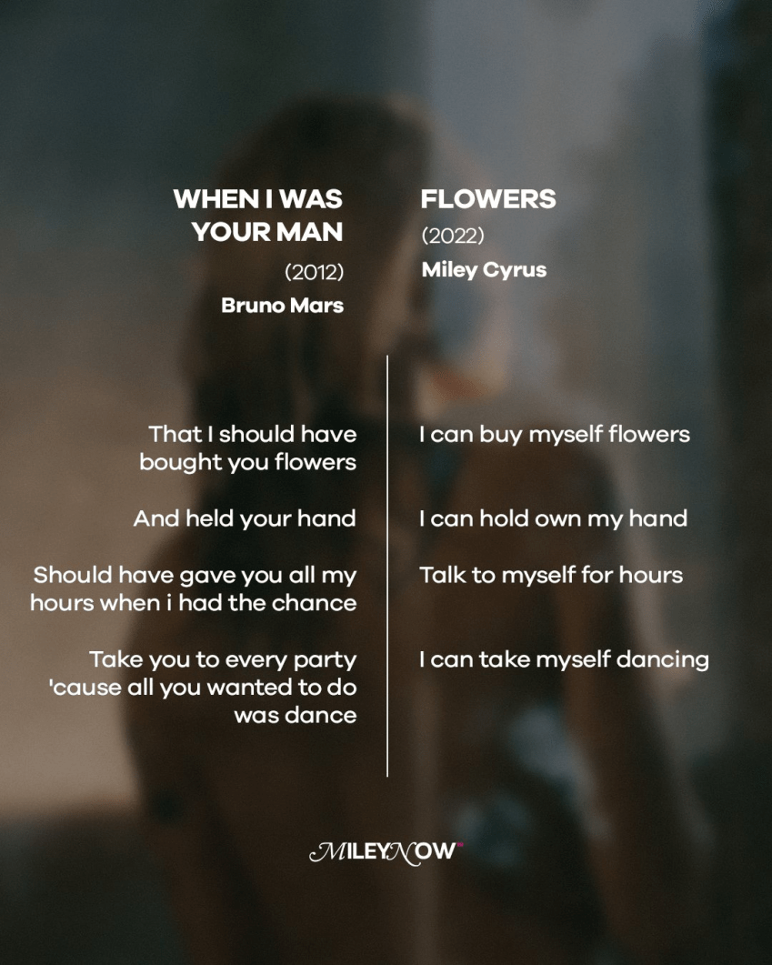 Arte feita por fã clube de Miley Cyrus comparando versos de "Flowers" com "When I Was Your Man", de Bruno Mars. / Reprodução