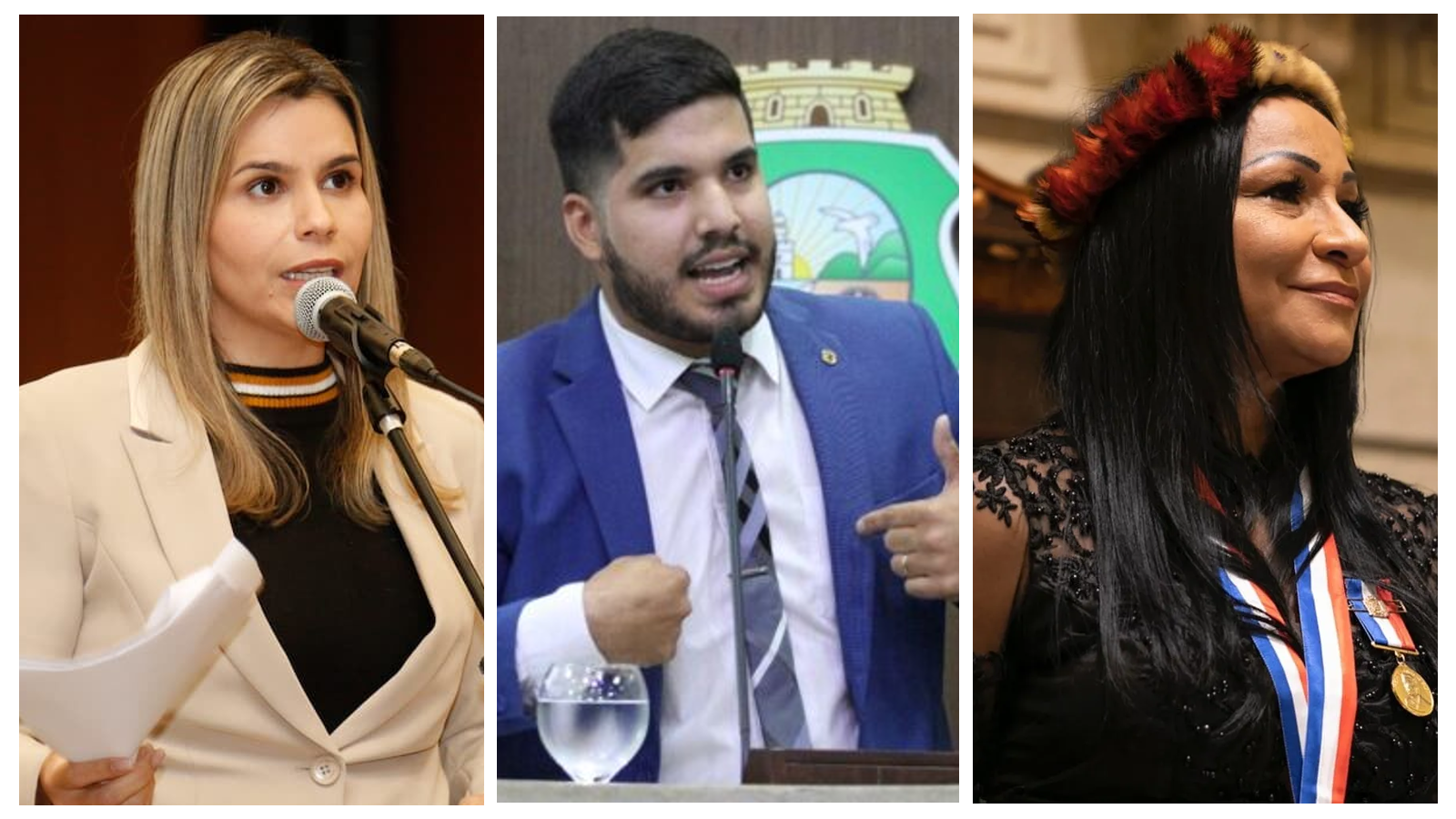 Clarissa Tércio (PP-PE, à esquerda), André Fernandes (PL-CE, ao centro) e Silvia Waiãpi (PL-AP, à direita)