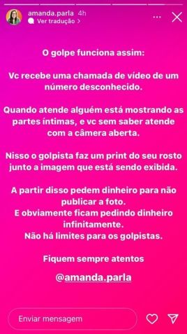 Alertas sobre golpe de extorsão envolvendo “nudes” viralizam / Reprodução/Instagram