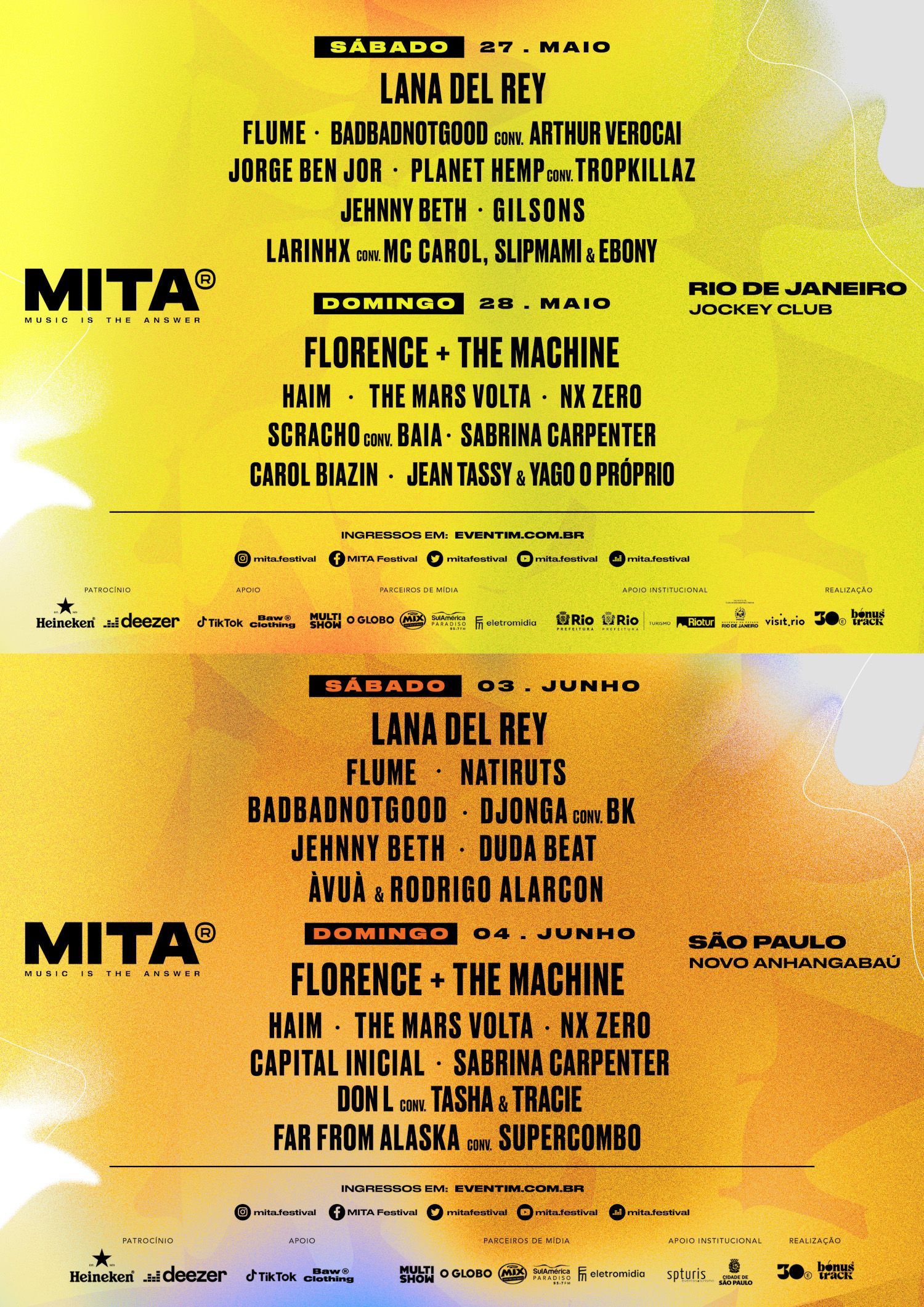 Divisões de atrações do festival MITA de 2023 entre São Paulo e Rio de Janeiro / Reprodução
