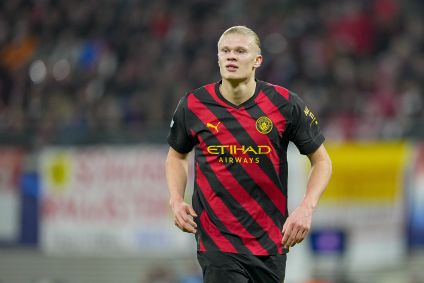 Erling Haaland durante a partida de RB Leipzig e Manchester City, pelas oitavas da Champions League 2022-23