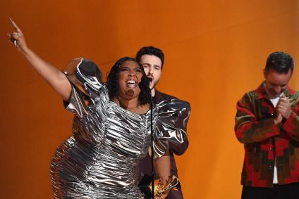 LOS ANGELES, CALIFORNIA - FEBRUARY 05: (FOR EDITORIAL USE ONLY) Lizzo accepts the Record Of The Year award for “About Damn Time” onstage during the 65th GRAMMY Awards at Crypto.com Arena on February 05, 2023 in Los Angeles, California. (Photo by JC Olivera/WireImage)