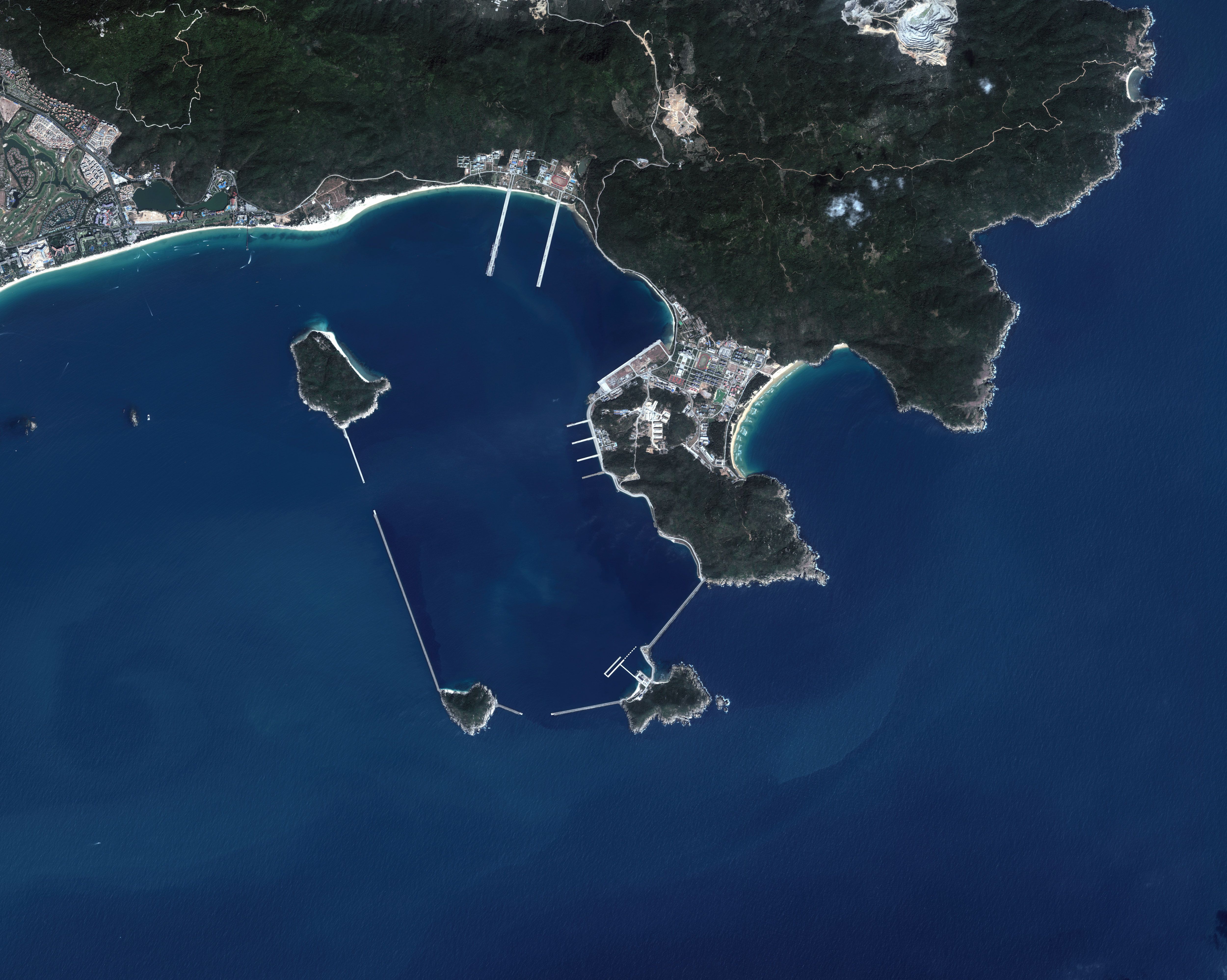 DigitalGlobe satellite imagery overview of the Yulin Naval Base.  According to several intelligence agencies, the Yulin Naval Base is an underground naval base for nuclear submarines along the southern coast of Hainan Island, People's Republic of China.